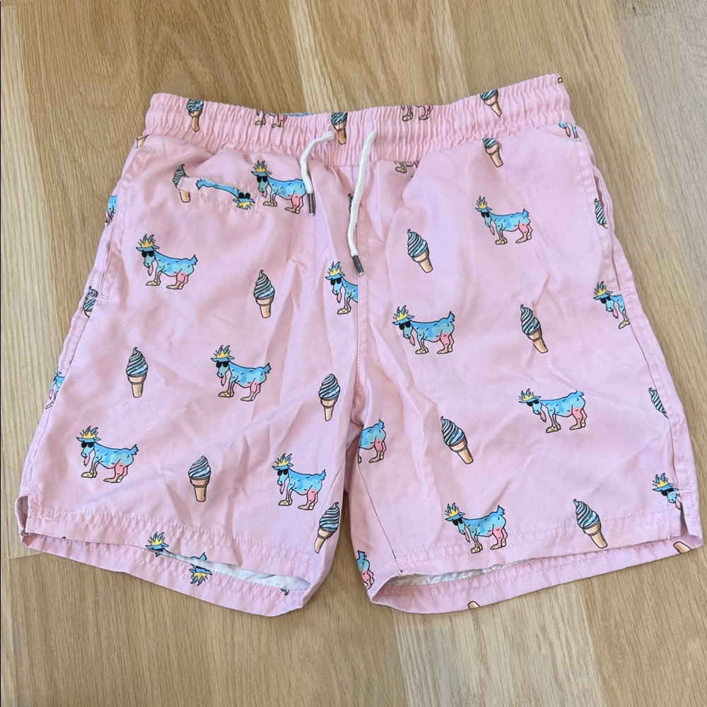 Pink Kids Swim Trunks with Unicorn and Ice Cream Print